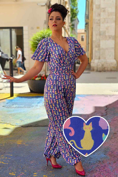 A model wearing Rainbow Cat Purple Jumpsuit