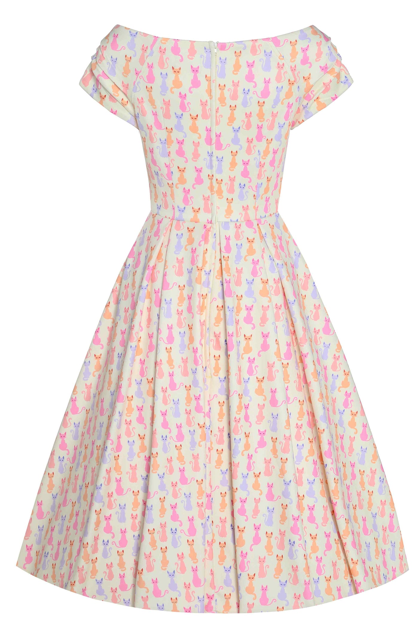 Back View of Rainbow Cat White Short Sleeve Swing Dress