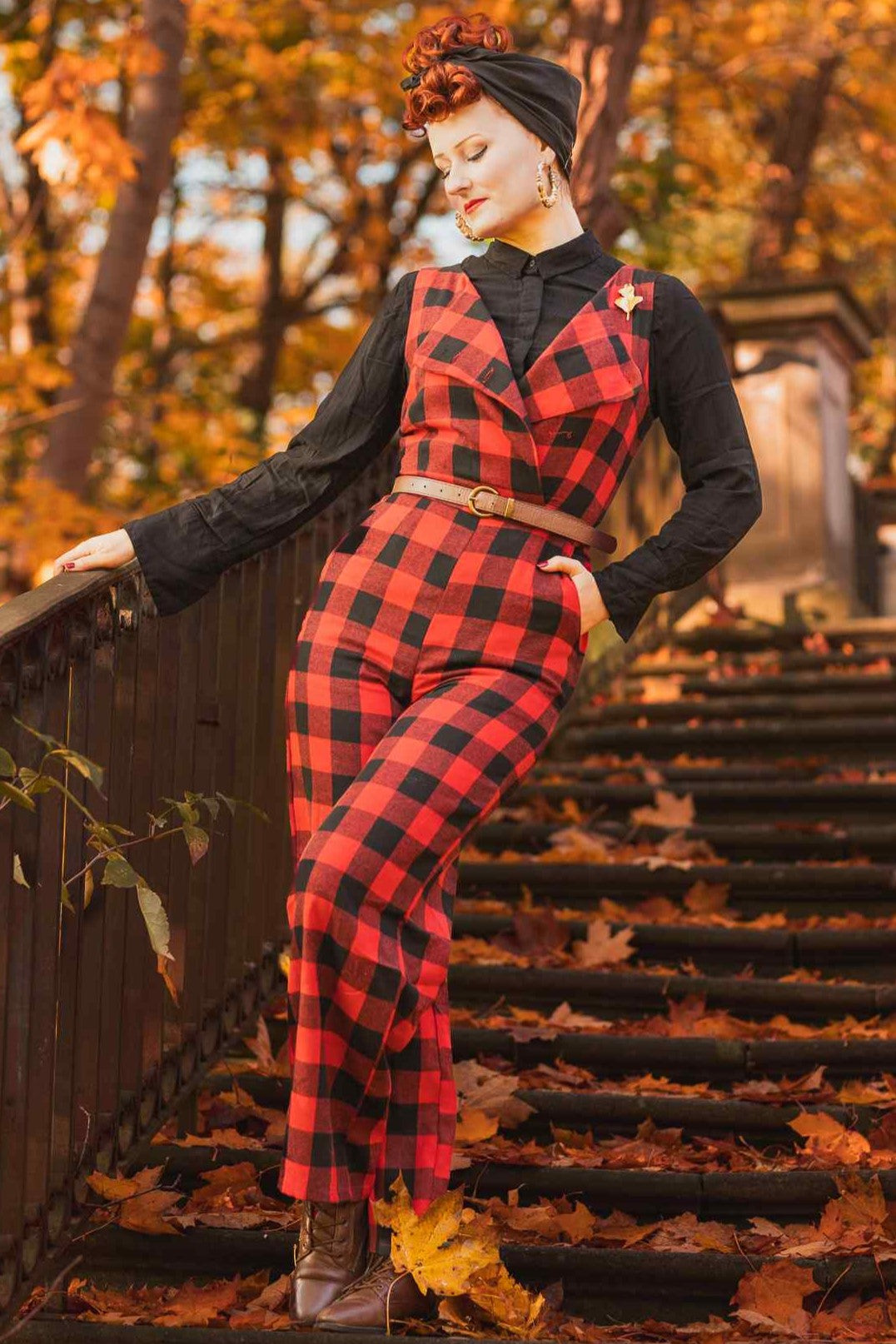 A model wearing a Red Check Jumpsuit