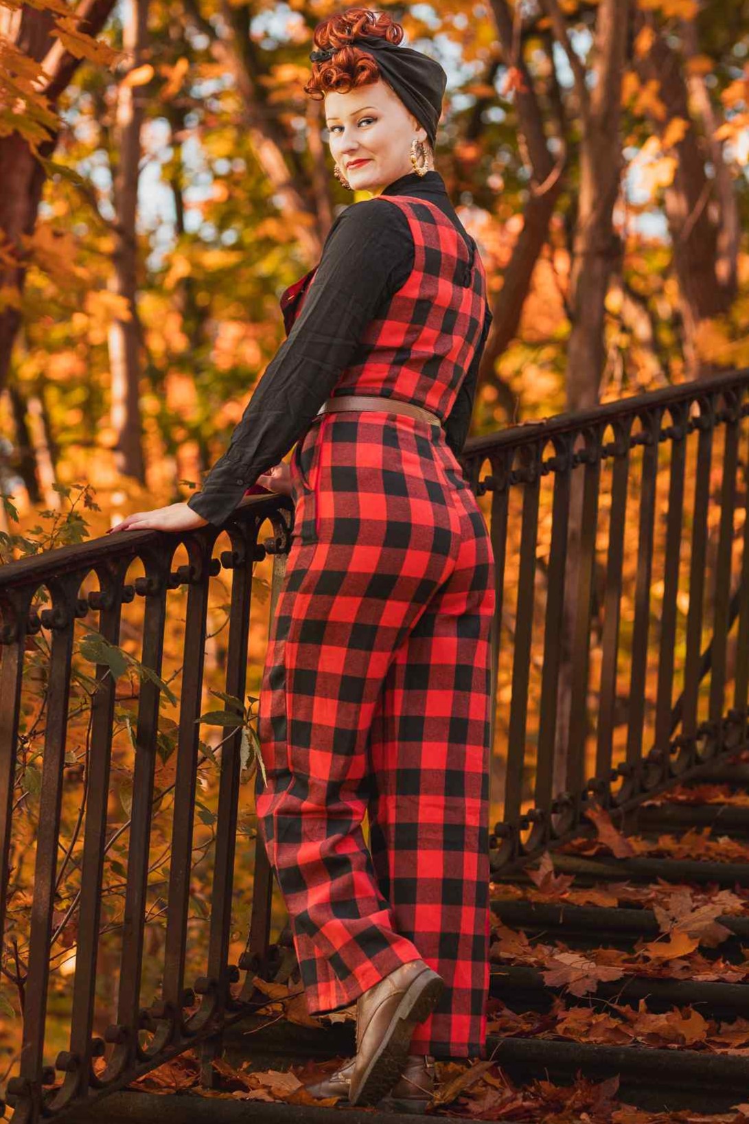 A model wearing a Red Check Jumpsuit