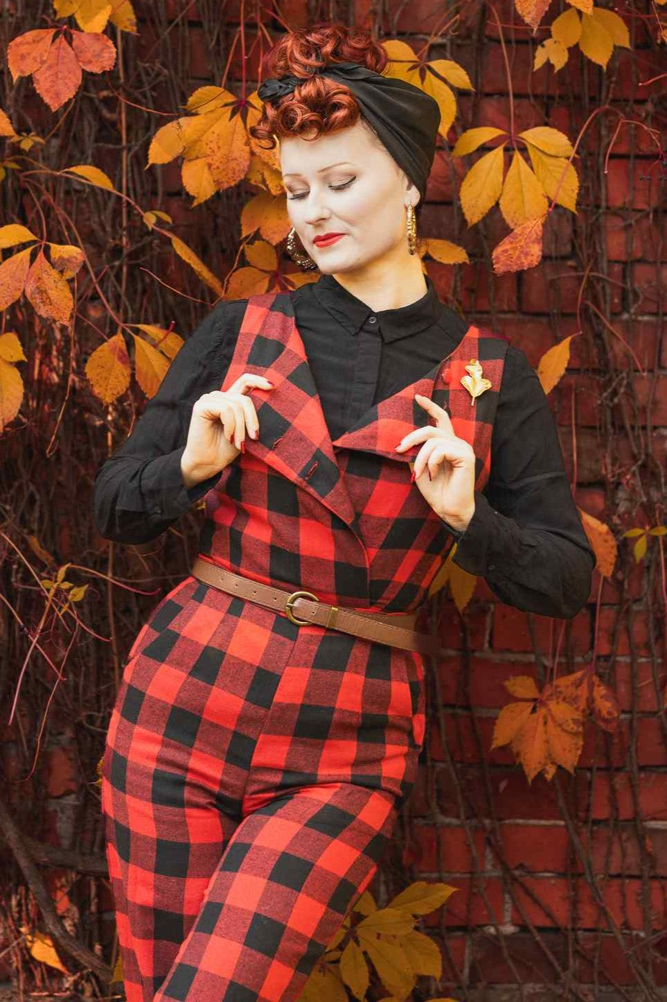 A model wearing a Red Check Jumpsuit