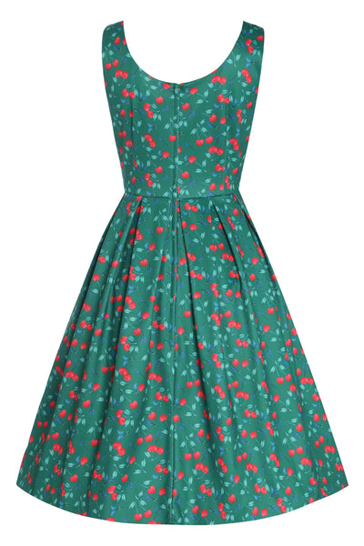 Front View of Red Cherry Flared Dress In Green