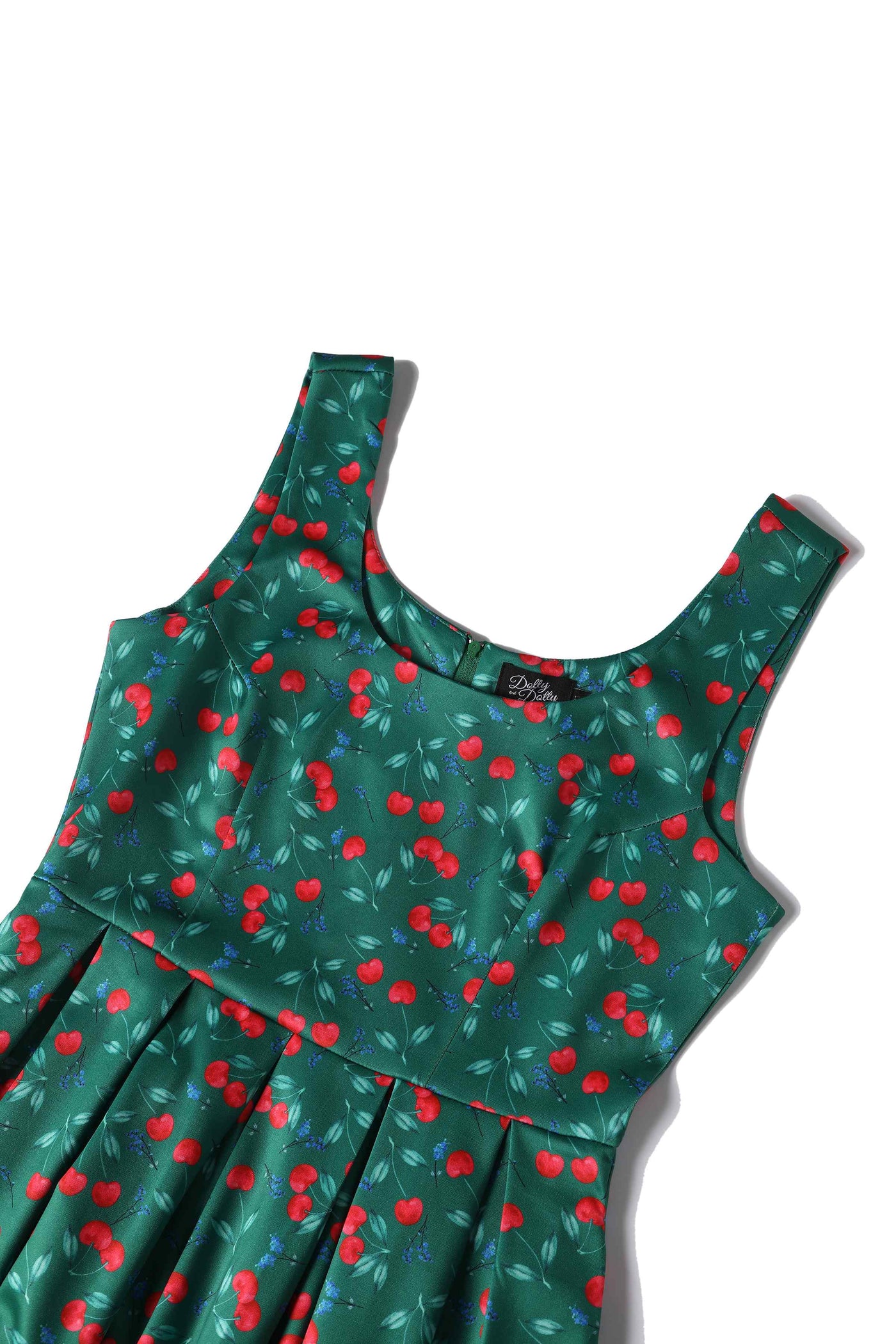 Front View of Red Cherry Flared Dress In Green