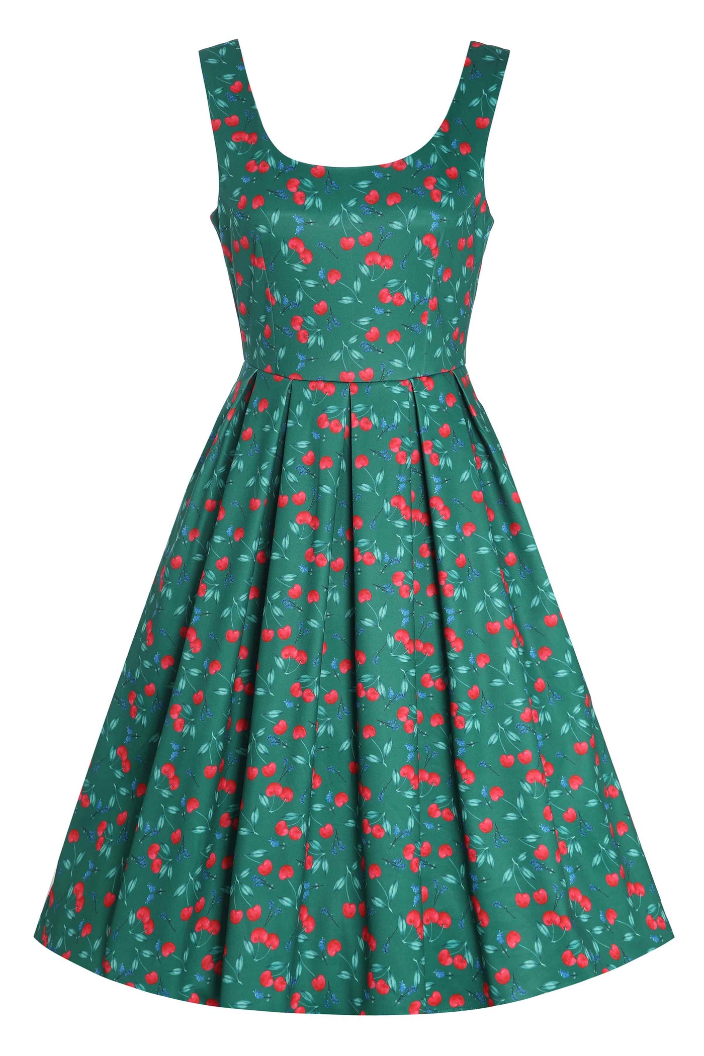 Front view of Red Cherry Flared Dress In Green