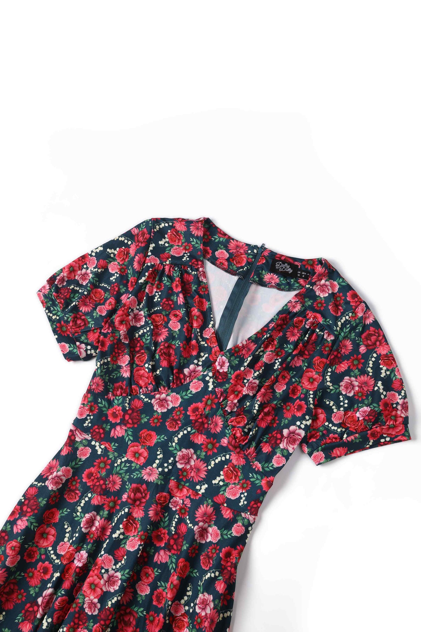 Close up view of Red Floral Midi Dress In Petrol Blue