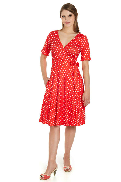 Model photo of Red Polka Dot Wrap Dress