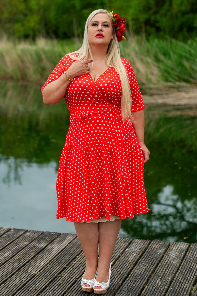 Model photo of Red Polka Dot Wrap Dress
