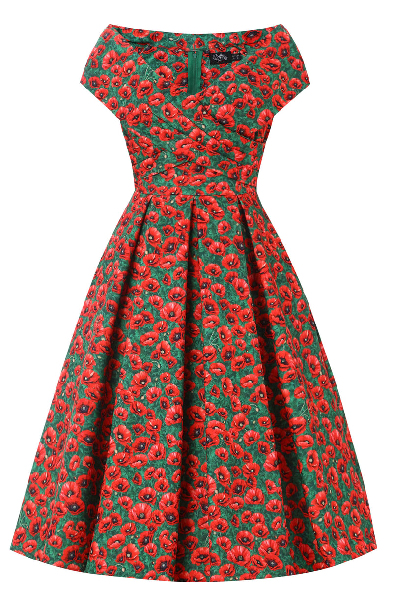 Front view of Red Poppy Garden Off Shoulder Dress