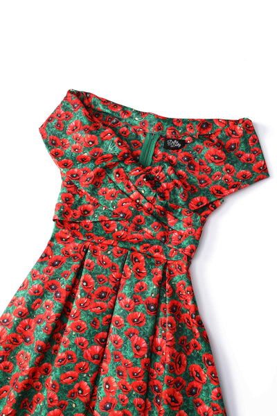 Close up view of Red Poppy Garden Off Shoulder Dress