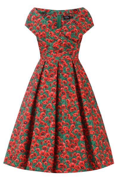 Front view of Red Poppy Garden Off Shoulder Dress