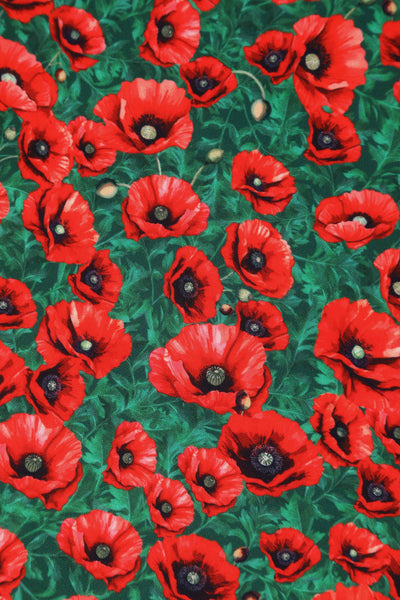 Close up view of Red Poppy Garden Off Shoulder Dress