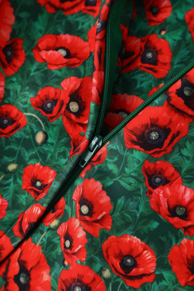 Close up view of Red Poppy Garden Off Shoulder Dress