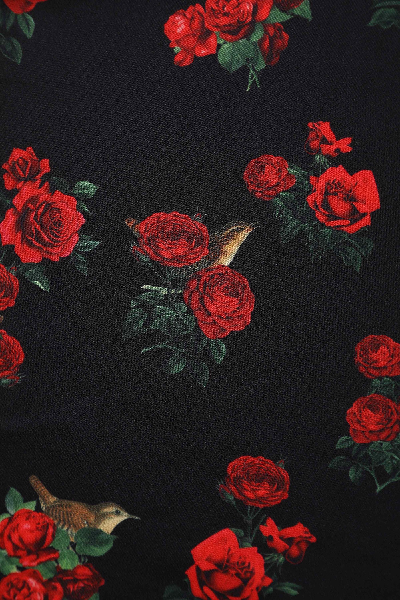 Close up view of Red Rose & Bird Off Shoulder Dress In Black