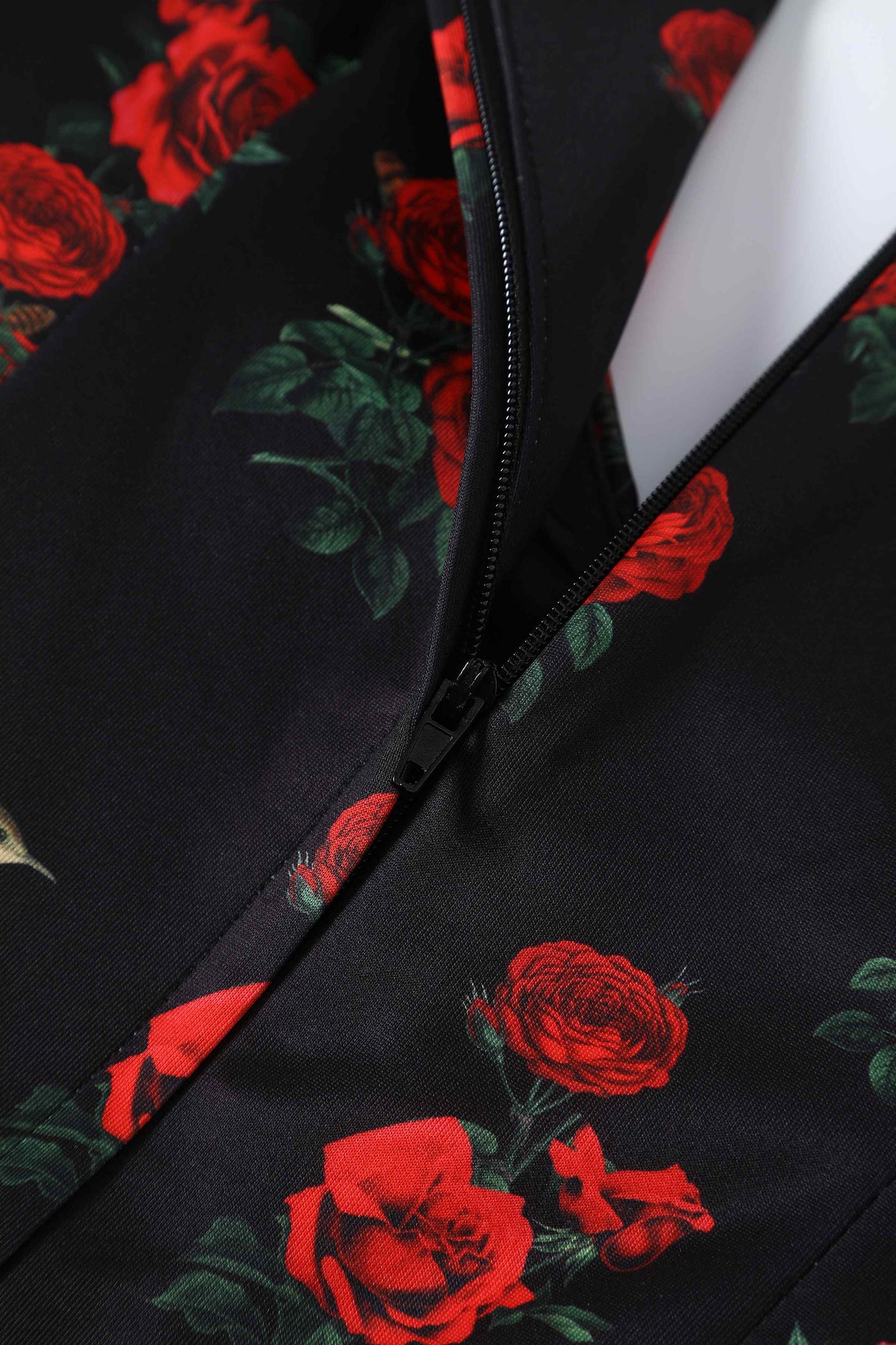 Close up view of Red Rose & Bird Off Shoulder Dress In Black