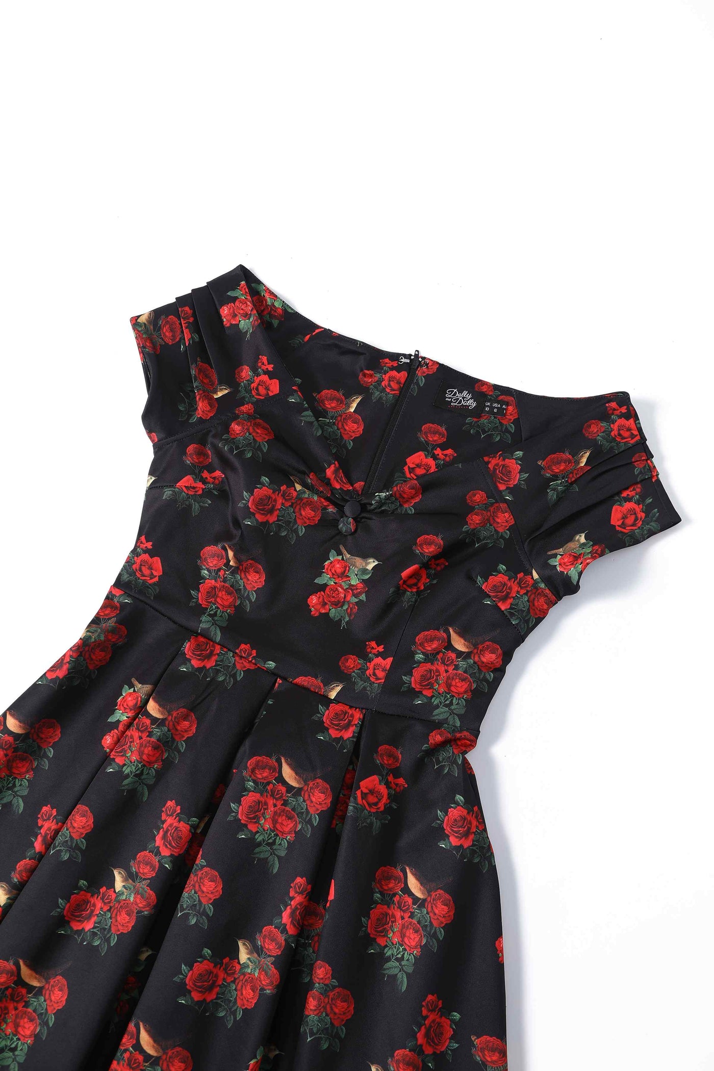 Close up view of Red Rose & Bird Off Shoulder Dress In Black