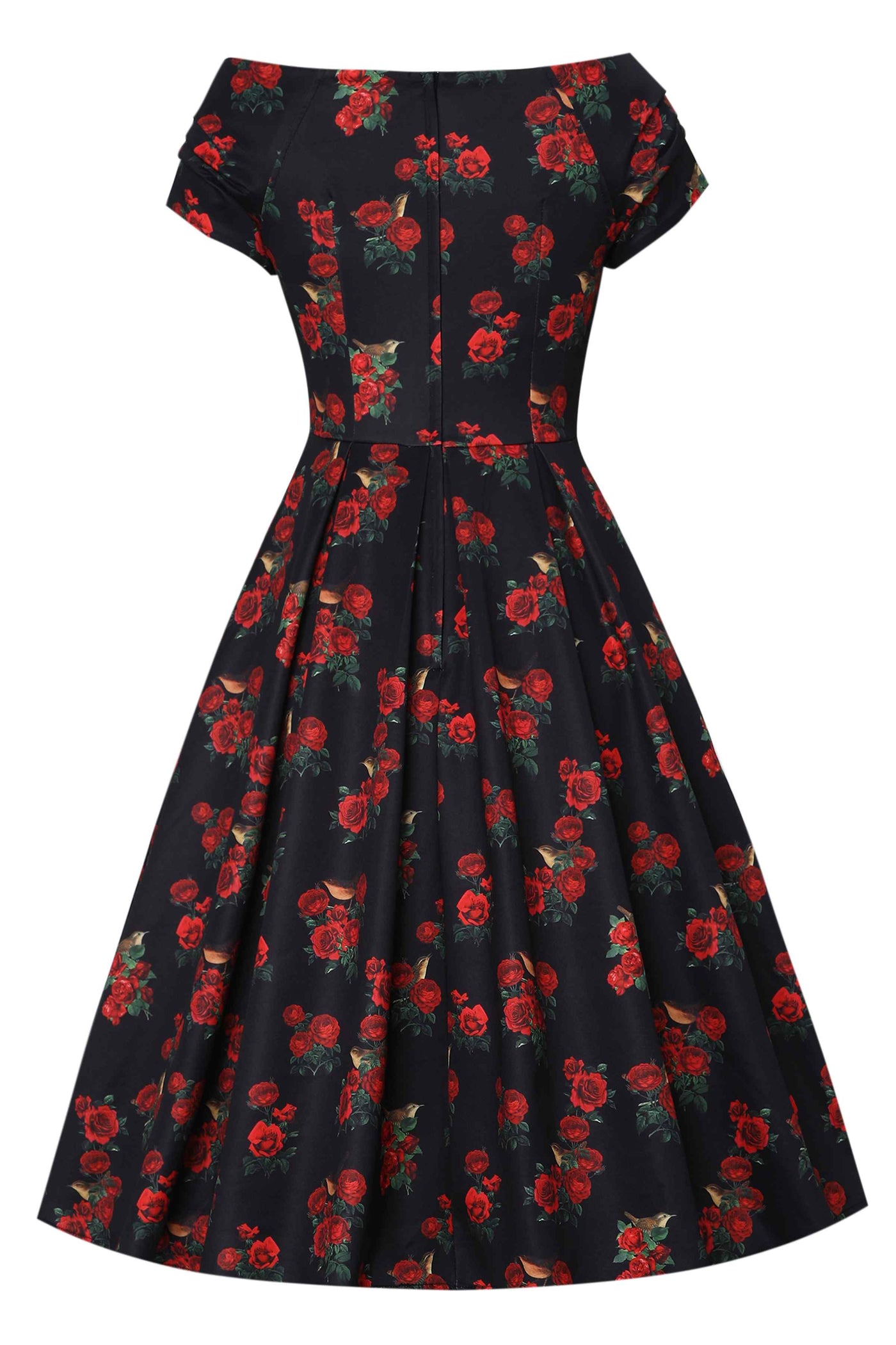 Back view of Red Rose & Bird Off Shoulder Dress In Black