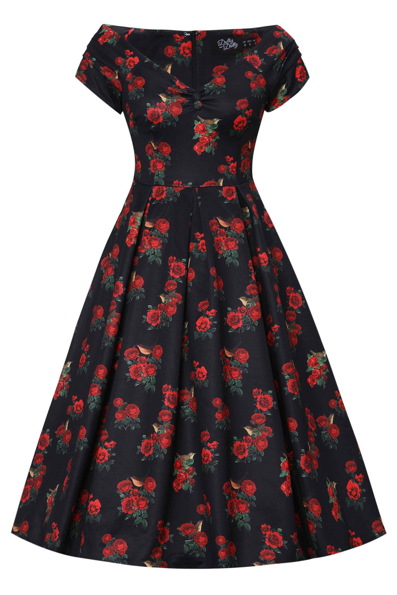 Front view of Red Rose & Bird Off Shoulder Dress In Black