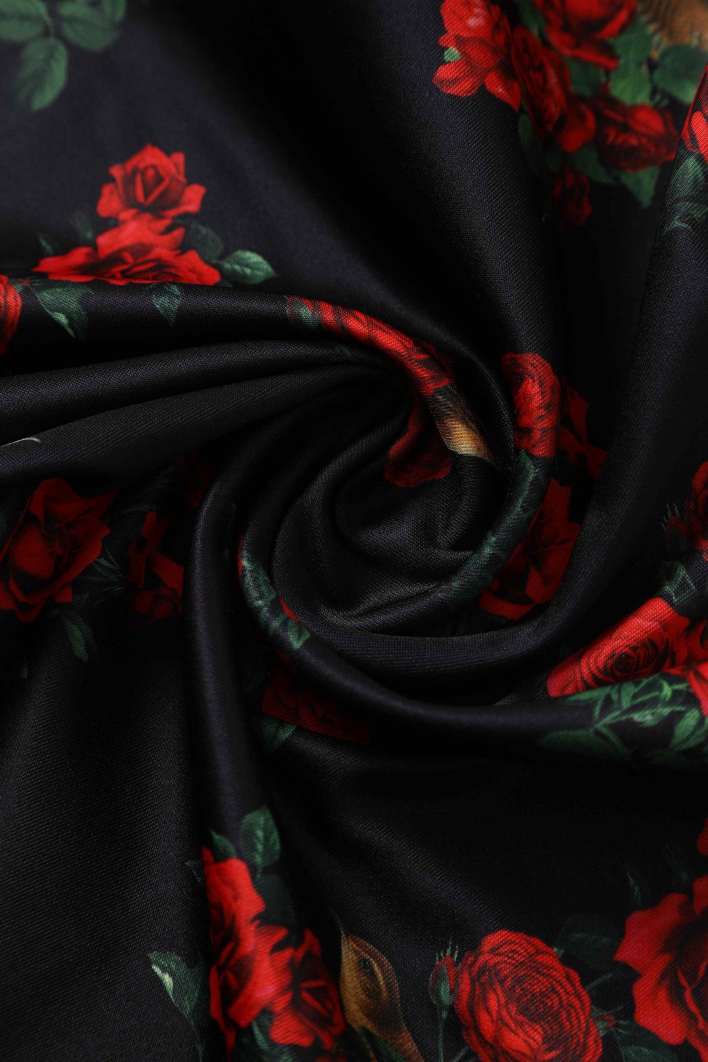 Close up view of Red Rose & Bird Off Shoulder Dress In Black