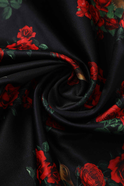 Close up view of Red Rose & Bird Off Shoulder Dress In Black