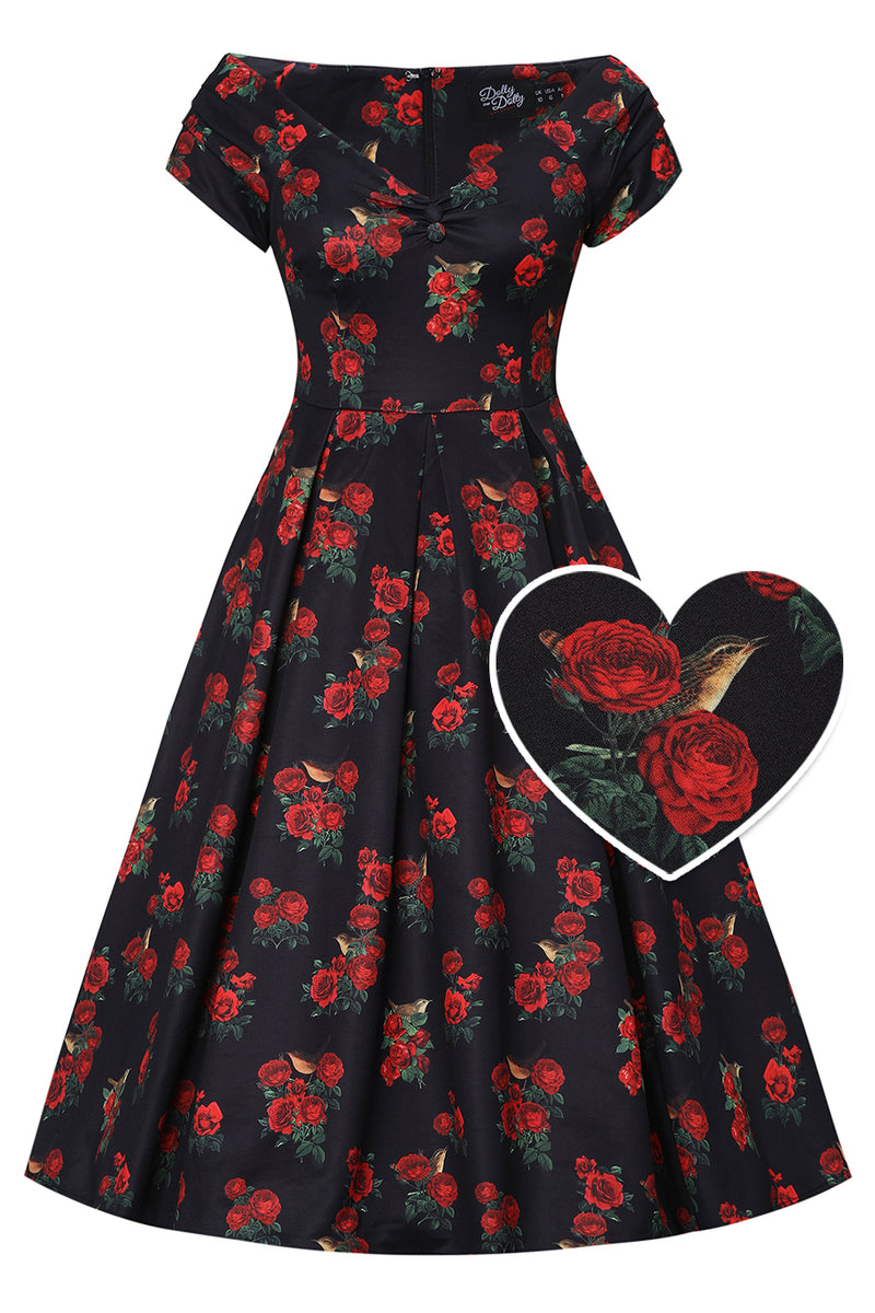 Front view of Red Rose & Bird Off Shoulder Dress In Black