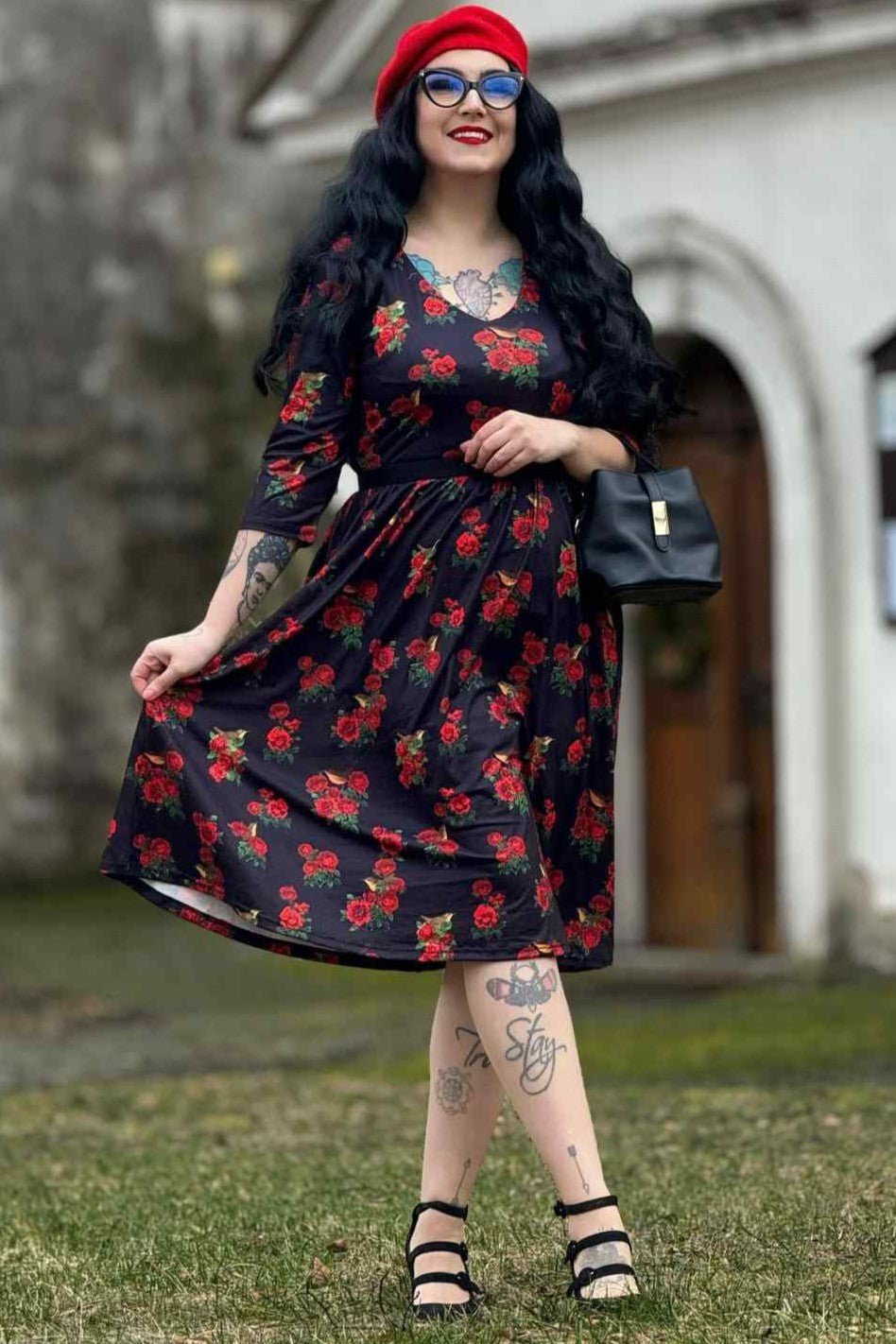 Red Rose & Bird Long Sleeved Dress