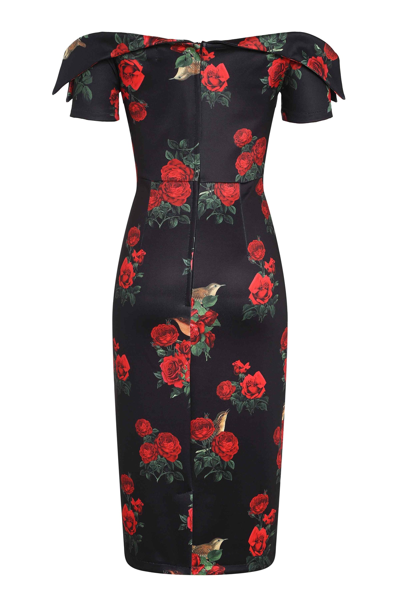Back View of Red Rose and Bird Print Pencil Dress in Black