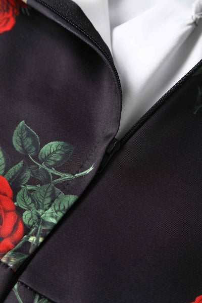 Close up View of Red Rose and Bird Print Pencil Dress in Black