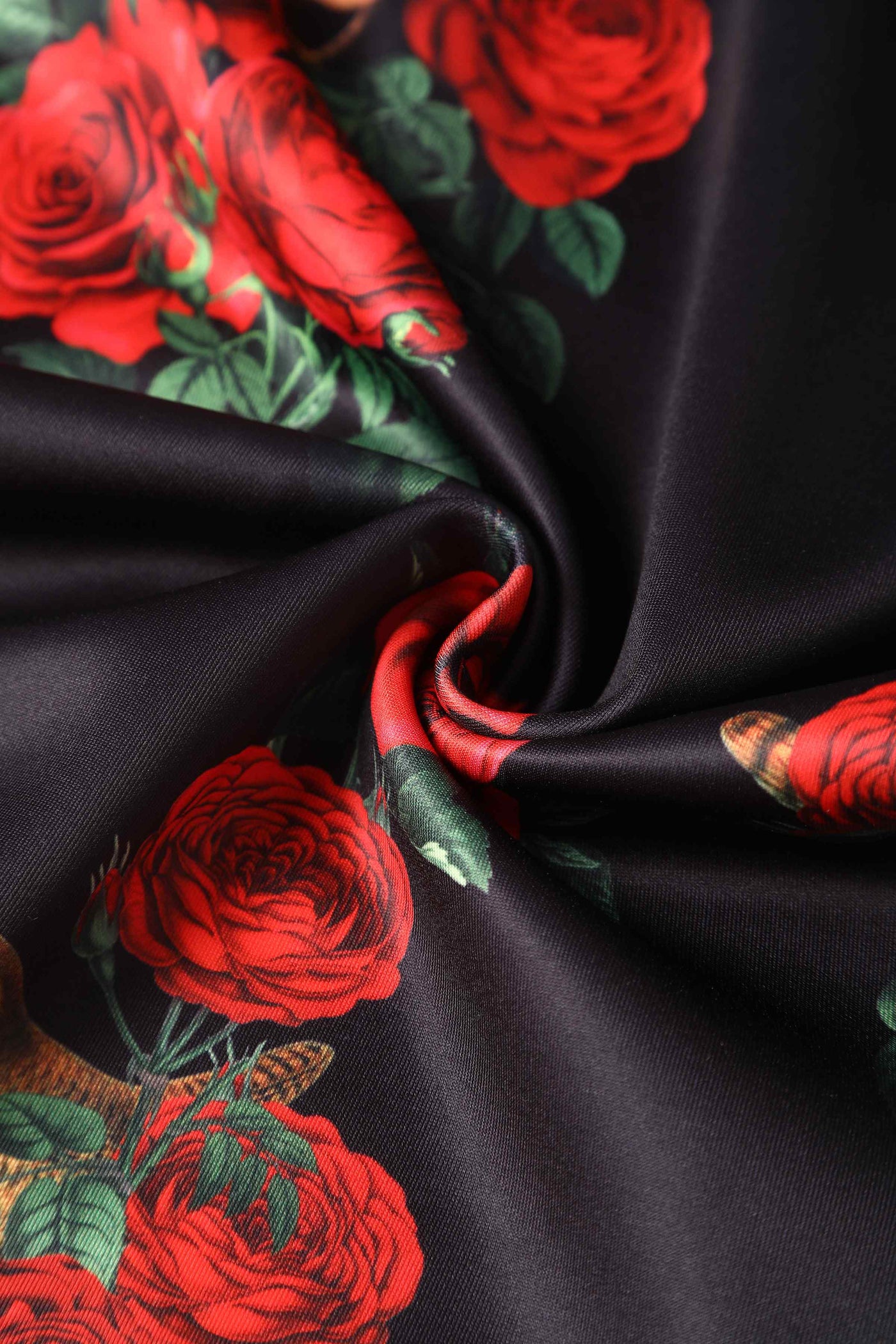Close up View of Red Rose and Bird Print Pencil Dress in Black