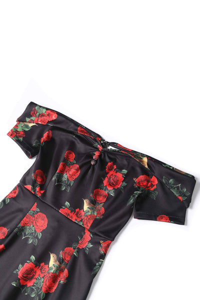 Close up View of Red Rose and Bird Print Pencil Dress in Black