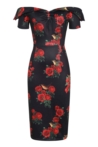 Front View of Red Rose and Bird Print Pencil Dress in Black