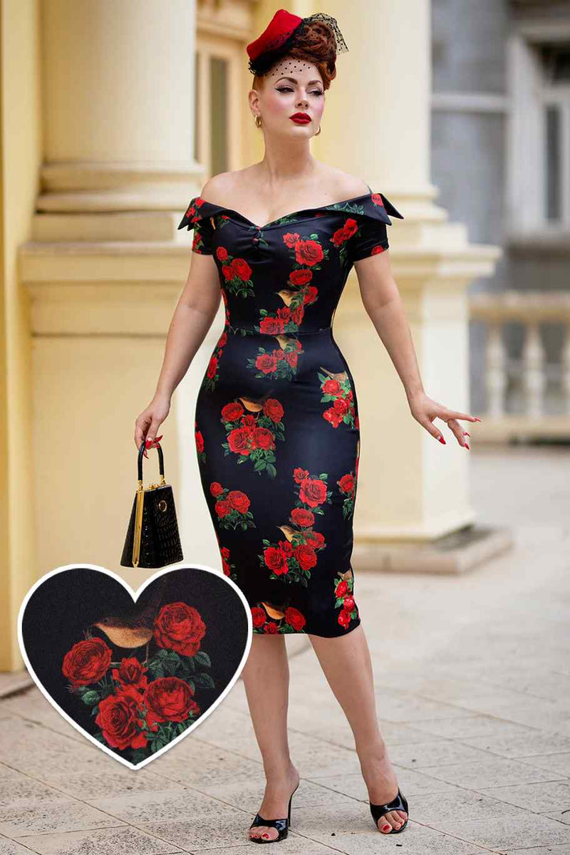 Model wearing Black Rose & Bird Pencil Dress