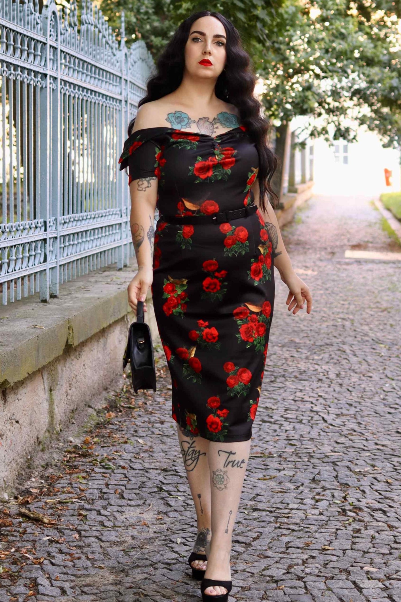 Model wearing Black Rose & Bird Pencil Dress