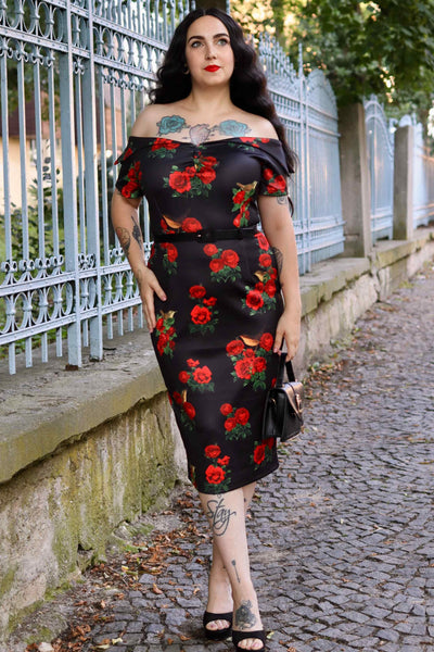 Model wearing Black Rose & Bird Pencil Dress