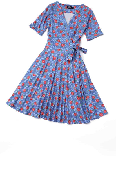 Close up view of Red Rose Wrap Dress In Blue