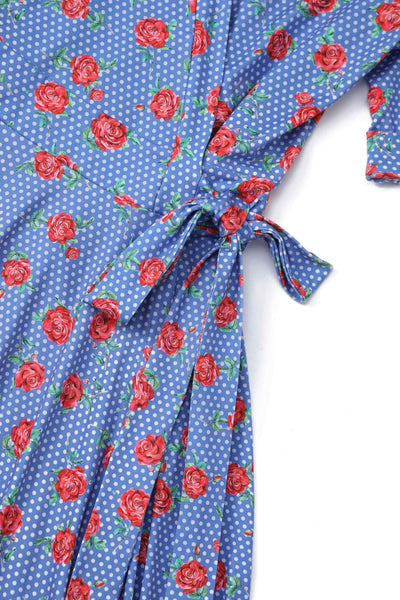 Close up view of Red Rose Wrap Dress In Blue