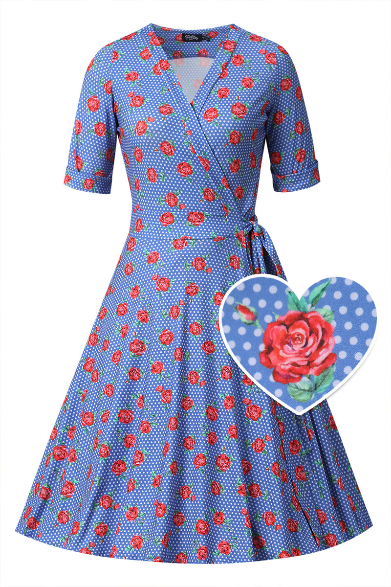 Front view of Red Rose Wrap Dress In Blue