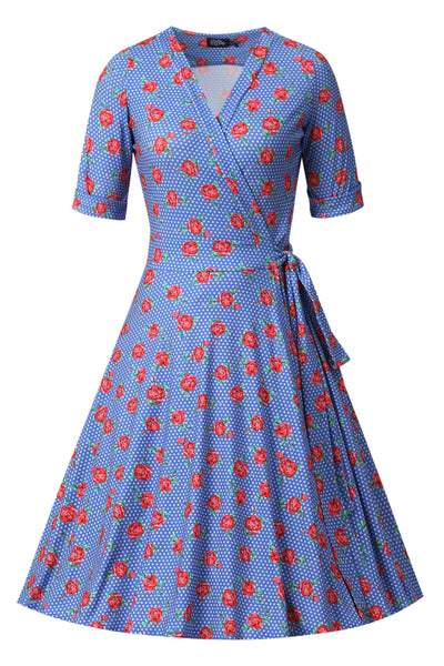 Front view of Red Rose Wrap Dress In Blue