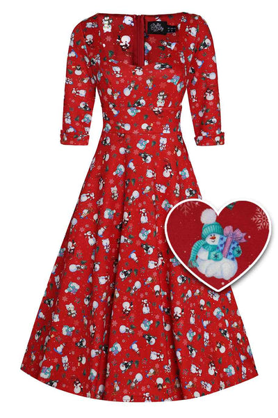 Front view of Snowman print Midi Dress in red