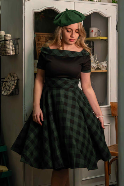  Retro Black & Green Tartan Swing Dress