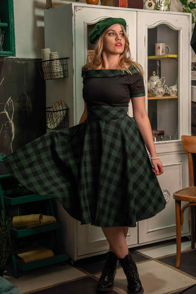  Retro Black & Green Tartan Swing Dress