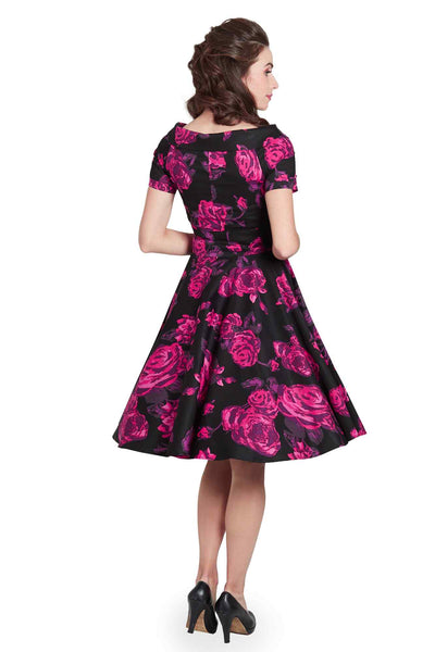 Retro Black-Pink Roses Swing Dress