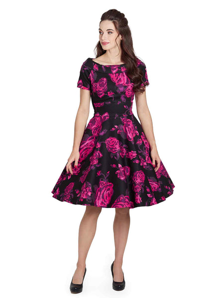 Retro Black-Pink Roses Swing Dress