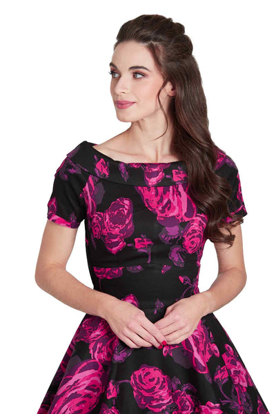 Retro Black-Pink Roses Swing Dress