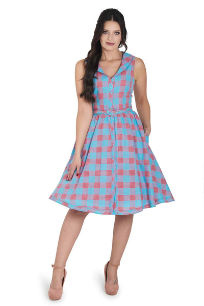 Model photo of Retro Blue & Pink Check Shirt Dress