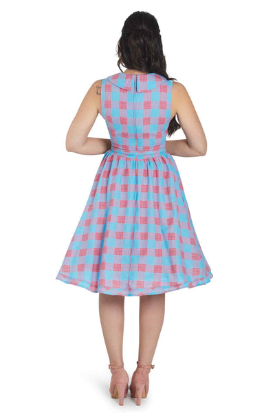 Model photo of Retro Blue & Pink Check Shirt Dress