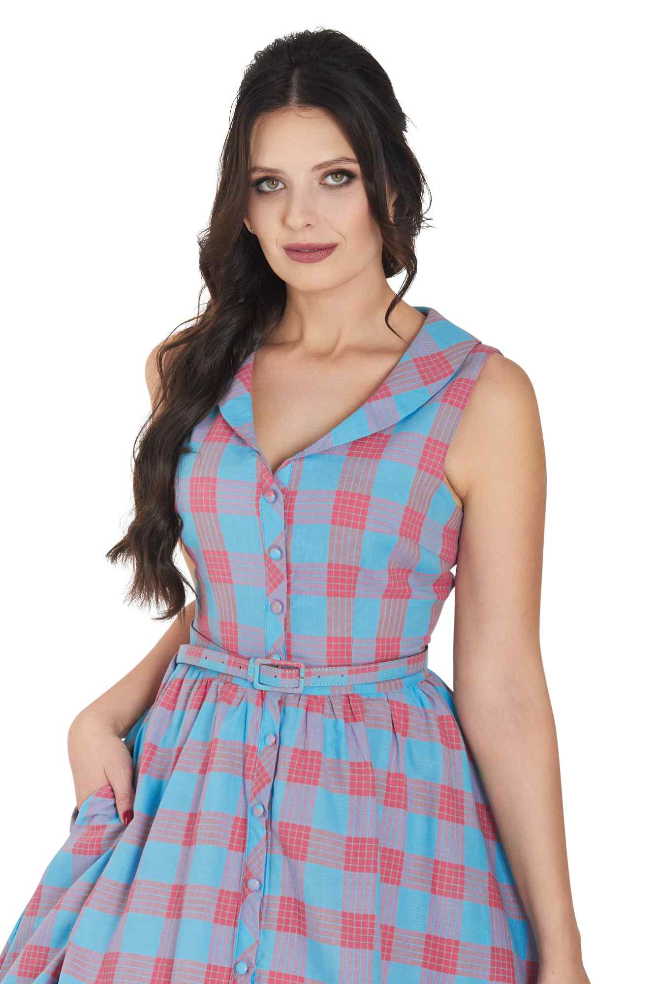 Model photo of Retro Blue & Pink Check Shirt Dress