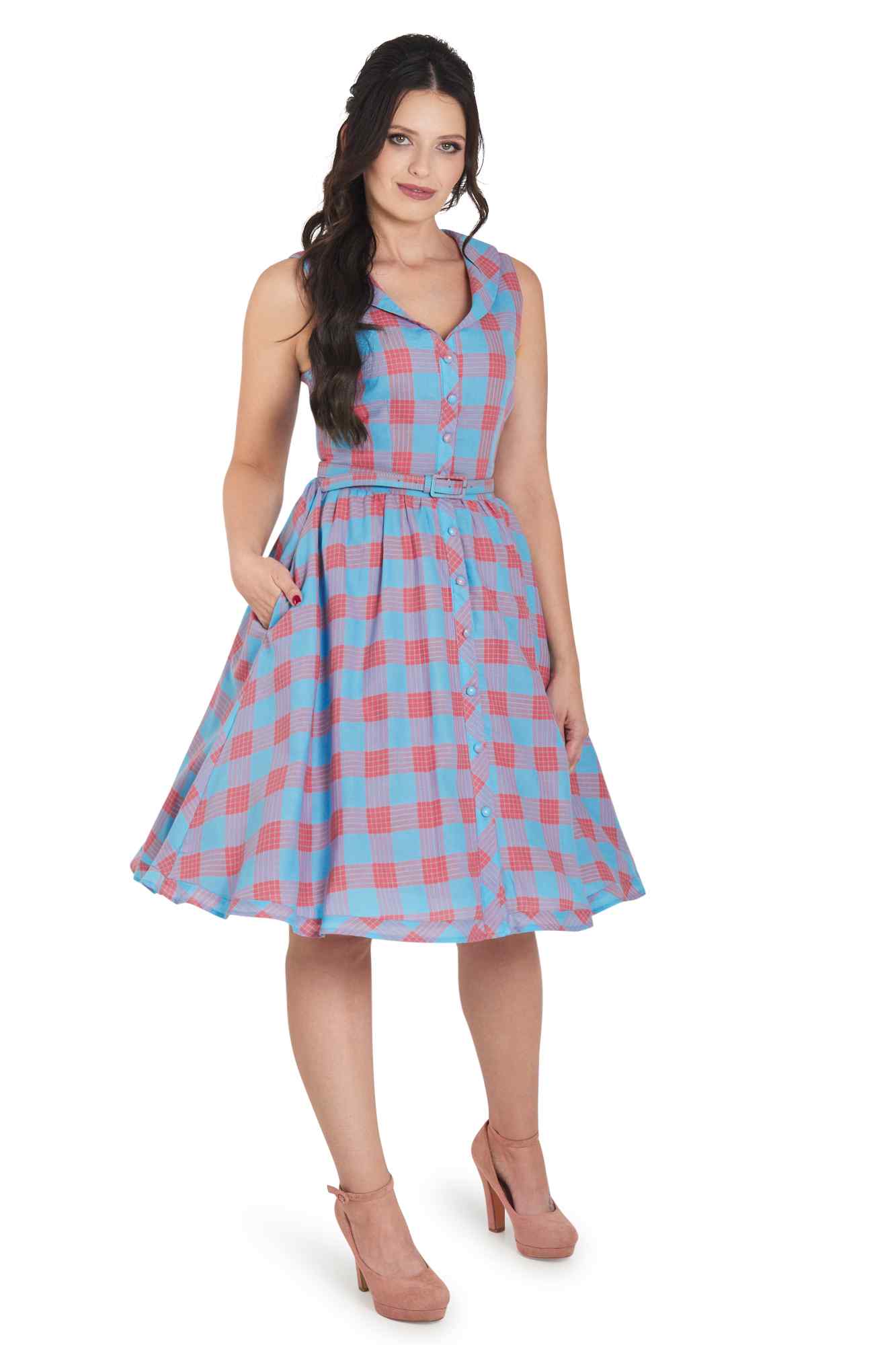 Model photo of Retro Blue & Pink Check Shirt Dress