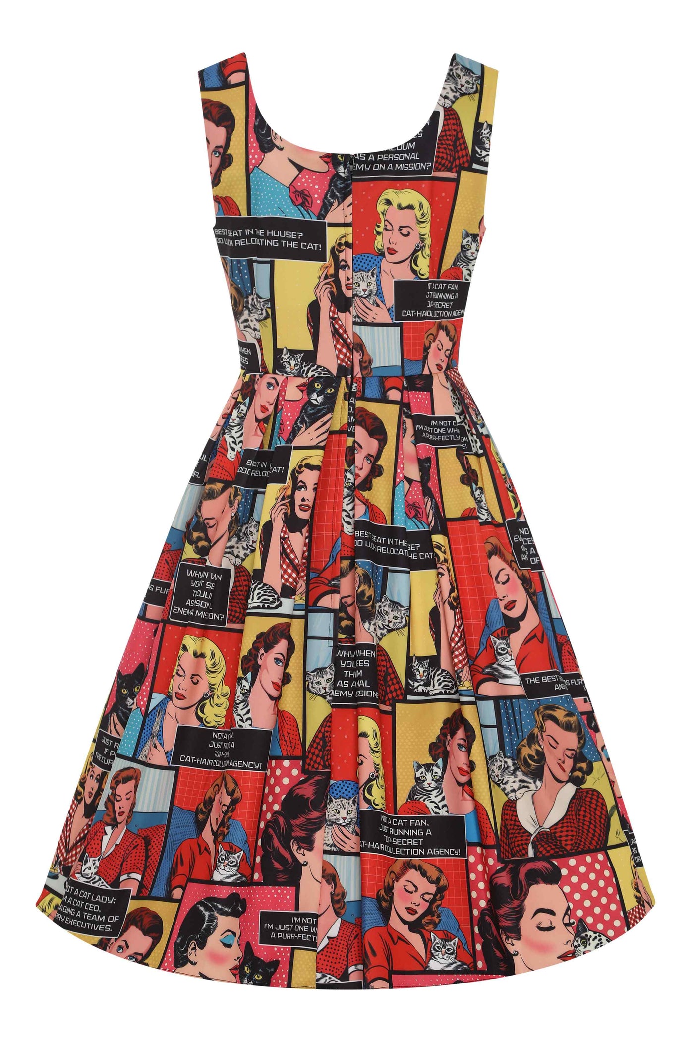 Back view of Retro Cat Lover Comic Dress With Pockets