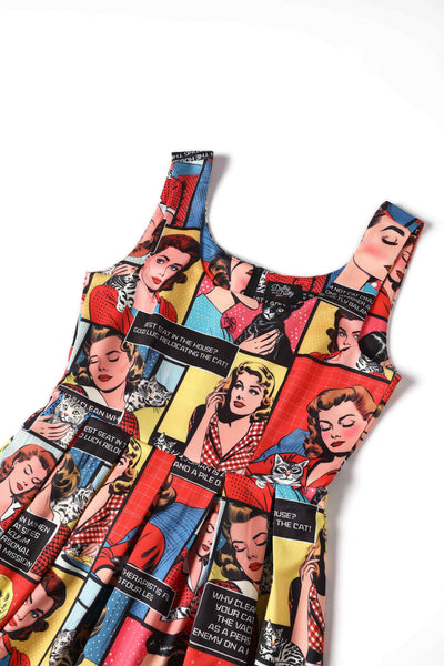 Close up view of Retro Cat Lover Comic Dress With Pockets