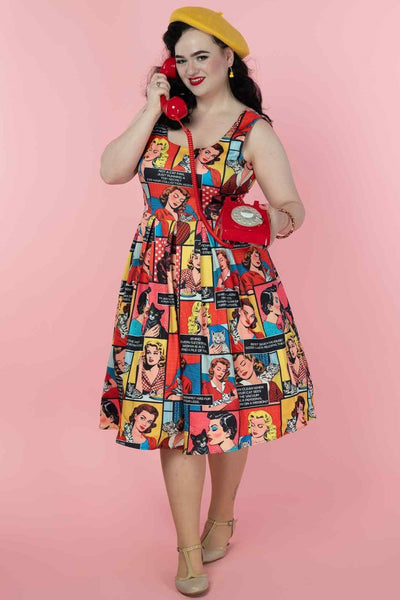 A model wearing a Cat Lover Comic Dress